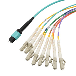 MPO带引脚插口到FLC扇出插口，8根光纤，OM4 50 / 125um多模，OFNR 光缆护套，水蓝色，10米的图片