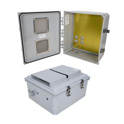 14x12x06 Polycarbonate Weatherproof NEMA 3R Enclosure, Modified Base Drilled Mount Vented Dark Gray的图片