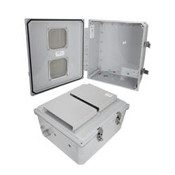 14x12x06 Polycarbonate Weatherproof NEMA 3R Enclosure, Modified Base Vented Lid Dark Gray的图片
