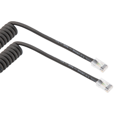 超五类以太网弹簧线组件，90度出线后连接RJ45-RJ45接头，使用UTP 26AWG绞合高柔性工业聚氨酯TPU电缆护套，黑色，长度为6到18英寸的图片